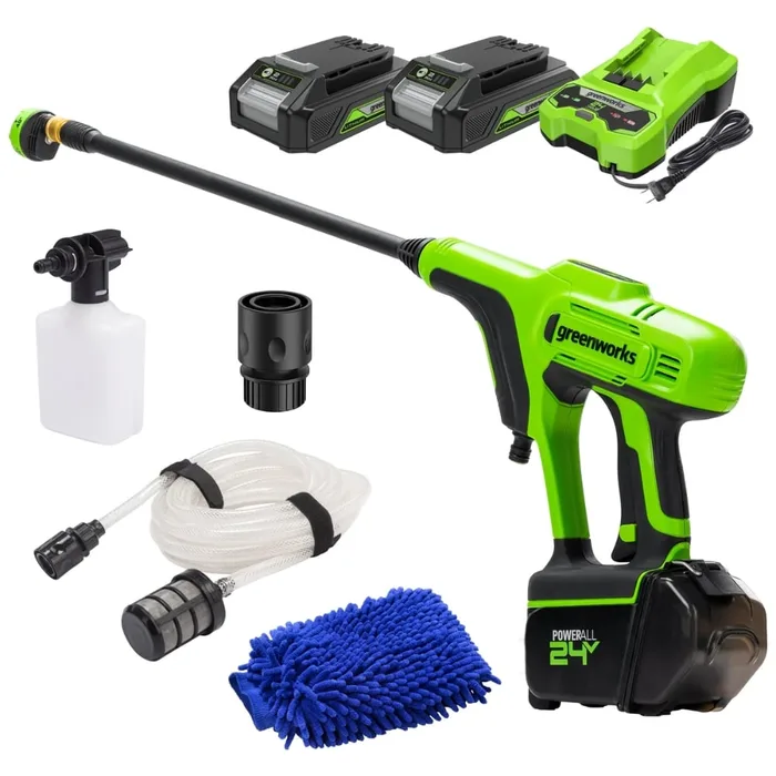 אקדח שטיפה בלחץ נטענת 600 PSI עם 2 סוללות 2 אמפר ומטען - Greenworks PC24B220CO 24V